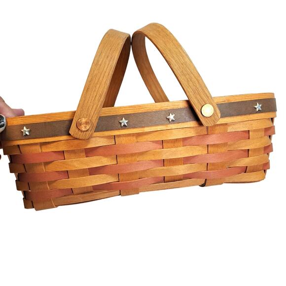 Henn Workshops Basket Dated 2003 Handled 11.5" Oblong Brown Red Blue w Stars Vtg - Picture 1 of 10